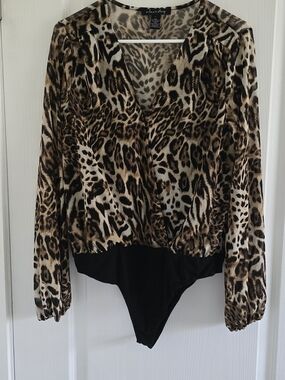 Animal Print Wrap Bodysuit with Black Bottom